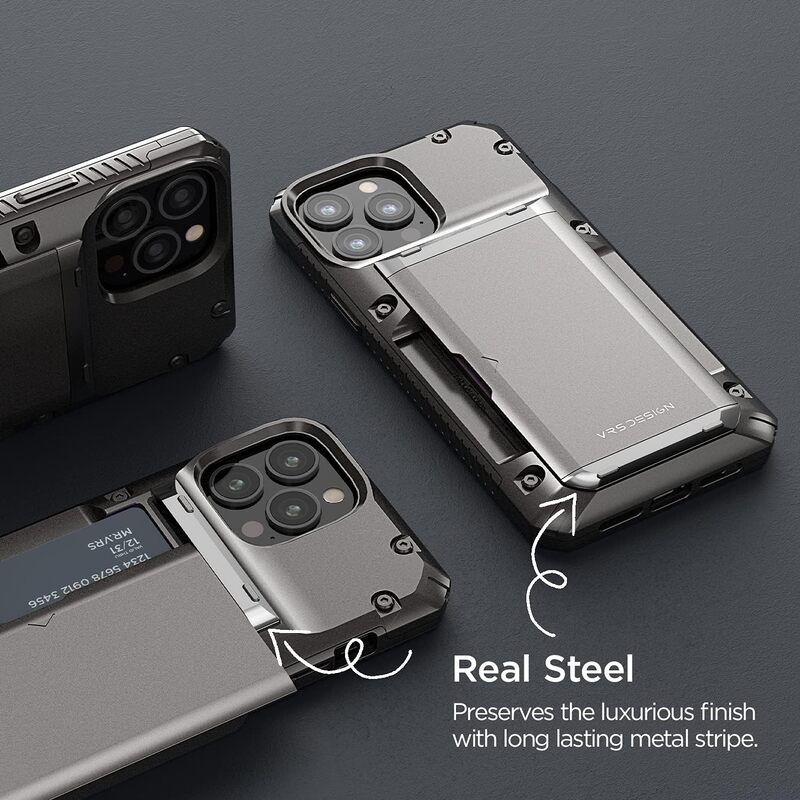 VRS Design Damda Glide PRO iPhone 13 Pro MAX case cover wallet (Semi Automatic) slider Credit card holder Slot (3-4 cards) - Metal Black