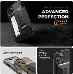 VRS Design Damda Glide Hybrid for iPhone 15 PLUS Case Cover Wallet (Semi Automatic) Slider Credit Card Holder Slot (3-4 Cards) and Kickstand - Black Groove