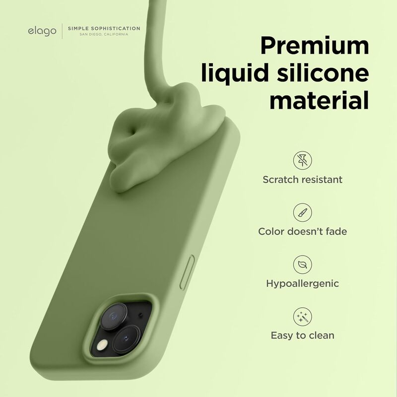 Elago Liquid Silicone for iPhone 15 Case Cover Full Body Protection, Shockproof, Slim, Anti-Scratch Soft Microfiber Lining - Cedar Green