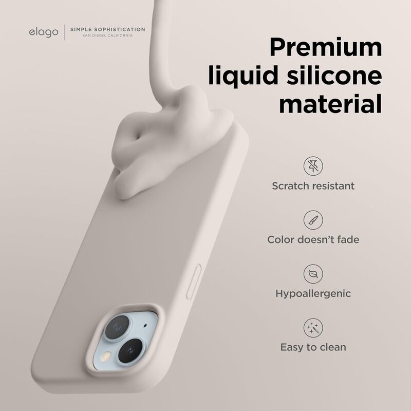 Elago Liquid Silicone for iPhone 15 Plus Case Cover Full Body Protection, Shockproof, Slim, Anti-Scratch Soft Microfiber Lining - Stone
