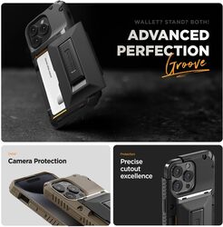 VRS Design Damda Glide Hybrid for iPhone 15 Pro MAX Case Cover Wallet (Semi Automatic) Slider Credit Card Holder Slot (3-4 Cards) and Kickstand - Khaki Groove