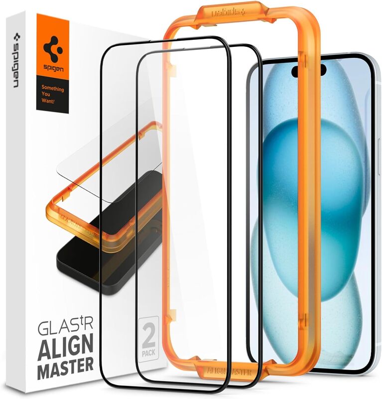 Spigen Glastr Align Master Edge to Edge iPhone 15 Screen Protector Premium Tempered Glass - Full Cover (2 Pack)