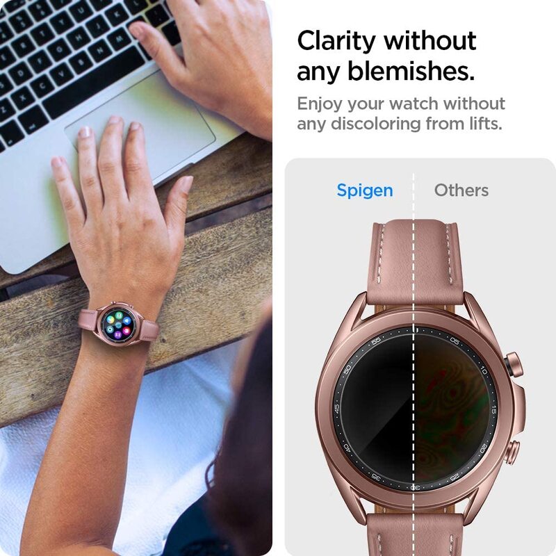 Spigen Samsung Galaxy Watch 3 (41mm) Tempered Glass Screen Protector EZ Fit [2-Pack] with Auto Align technology tray
