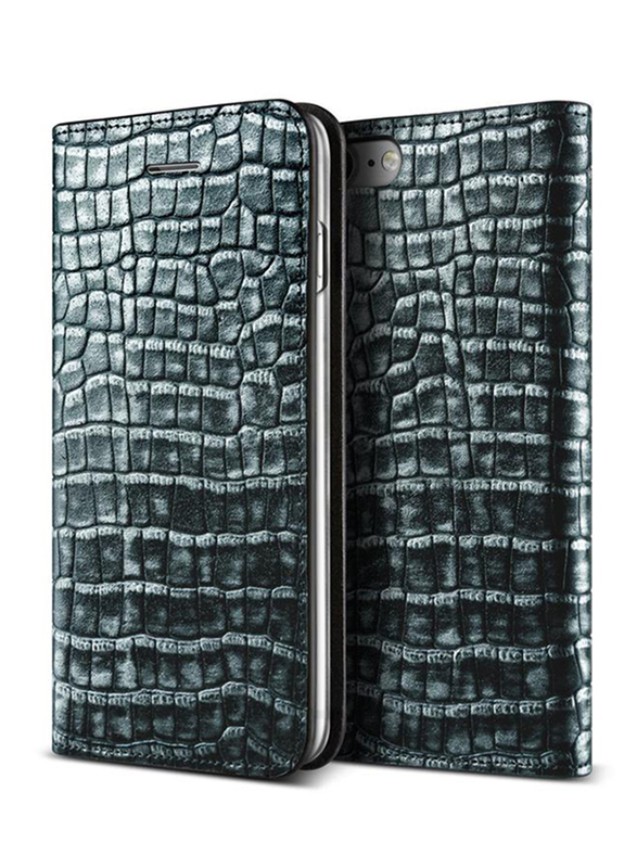 Vrs Design iPhone 7 Croco Diary Genuine Leather Mobile Phone Case Cover, Dark Silver/Blue