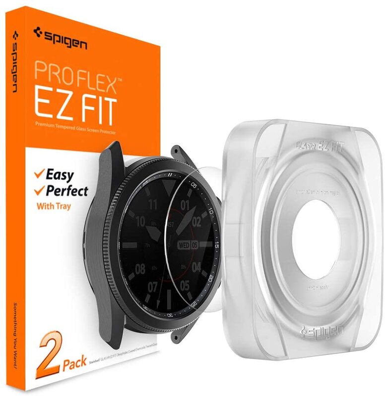 Spigen Samsung Galaxy Watch 3 (45mm) Tempered Glass Screen Protector EZ Fit (2-Pack) with Auto Align technology tray