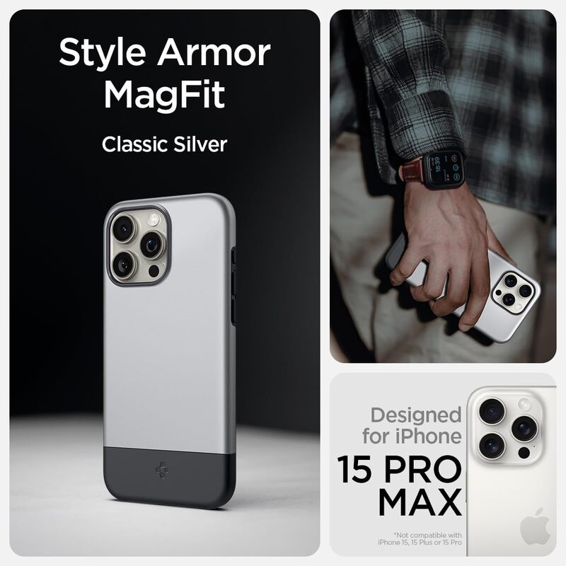 Spigen iPhone 15 Pro Max case cover Style Armor MagFit Magnetic (MagSafe compatible) - Classic Silver