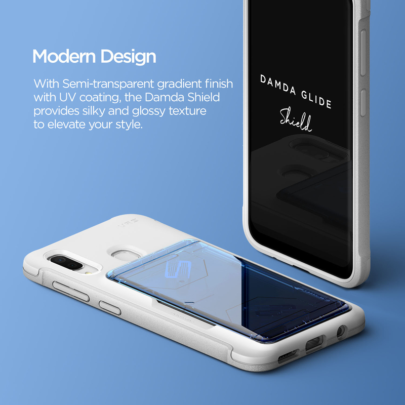 VRS Design Samsung Galaxy A30 Damda Glide Shield Semi Automatic Card Wallet Mobile Phone Case Cover, White/Blue/Black