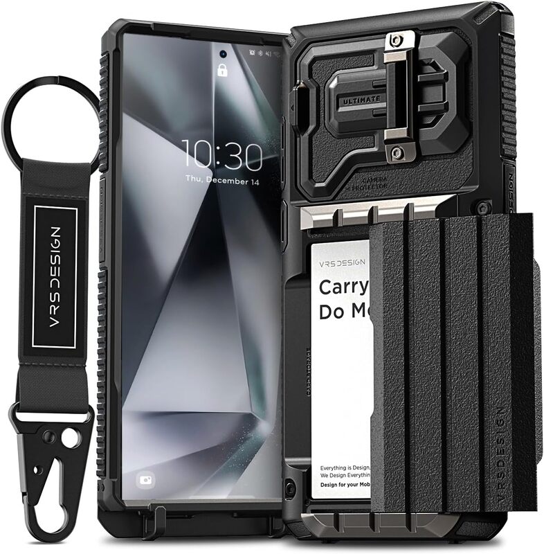 VRS Design Samsung Galaxy S24 ULTRA case cover Damda Glide Ultimate Wallet Semi Automatic Slider Credit Card Holder Slot (4 Cards) and Camera Lens Protector Kickstand - Black