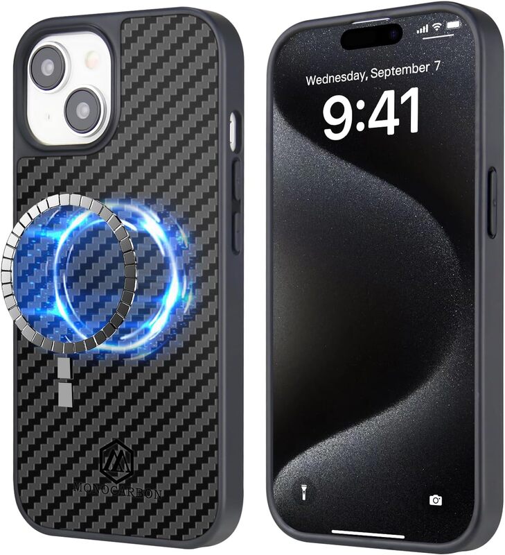 MONOCARBON Real Carbon Fiber for iPhone 15 PLUS Case Cover (MagSafe Compatible) Military Grade - Matte Black