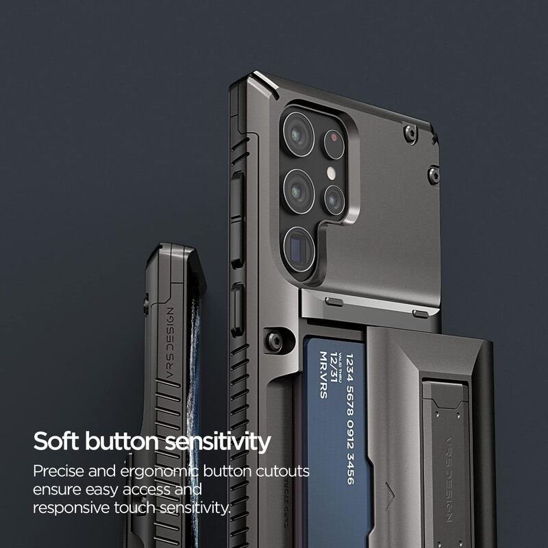 VRS Design Damda Glide Hybrid Samsung Galaxy S22 ULTRA case cover (2022) wallet (Semi Automatic) slider Credit card holder Slot (3-4 cards) & Kickstand - Metal Black