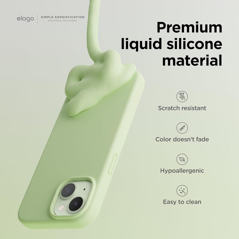 Elago Liquid Silicone for iPhone 15 Case Cover Full Body Protection, Shockproof, Slim, Anti-Scratch Soft Microfiber Lining - Pastel Green