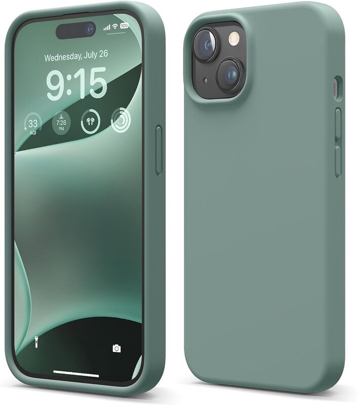 Elago Liquid Silicone for iPhone 15 Plus Case Cover Full Body Protection, Shockproof, Slim, Anti-Scratch Soft Microfiber Lining - Midnight Green