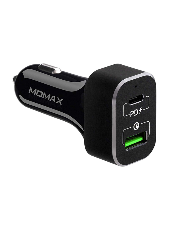 Momax UC11 63W Fast Car Charger, Dual-Port QC3.0 and USB-C Power Deliver, Black