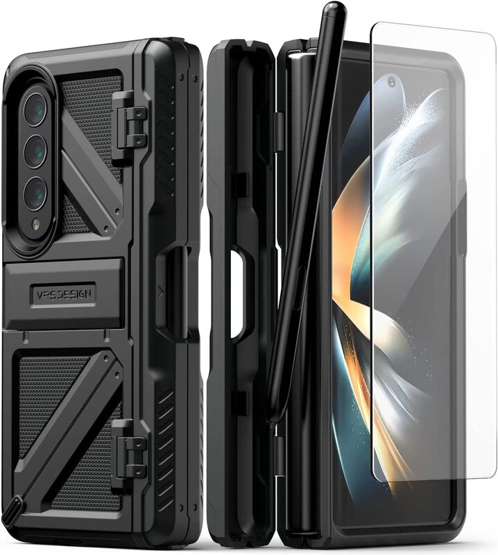 VRS Design Terra Guard Ultimate S (S-Pen Compartment in Hinge Protection) Samsung Galaxy Z Fold 4 Case Cover with Kickstand & Screen Protector- Matte Black (S-Pen NOT included)