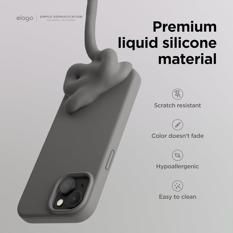 Elago Liquid Silicone for iPhone 15 Case Cover Full Body Protection, Shockproof, Slim, Anti-Scratch Soft Microfiber Lining - Medium Gray