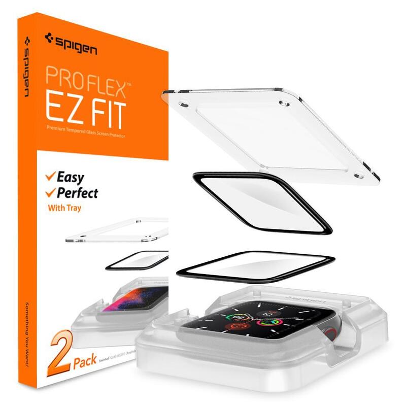 Spigen Apple Watch 44mm (Series 5 / 4) Tempered Glass Screen Protector Pro Flex EZ Fit (2-Pack) with Auto Align technology tray