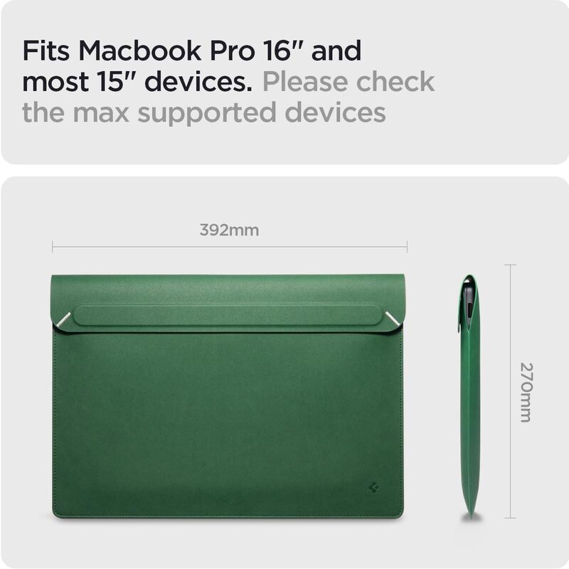 Spigen Laptop Sleeve Valentinus 15 15.6 16 inch, compatible with MacBook Pro, Built in Magnetic Flap, Leather Laptop Case, Laptop Pouch Bag - Jeju Green