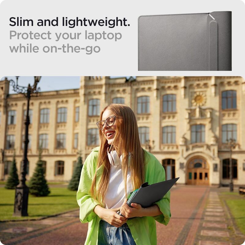 Spigen Laptop Sleeve Valentinus 13 14 inch, compatible with MacBook Pro, Built in Magnetic Flap, Leather Laptop Case, Laptop Pouch Bag - City Gray