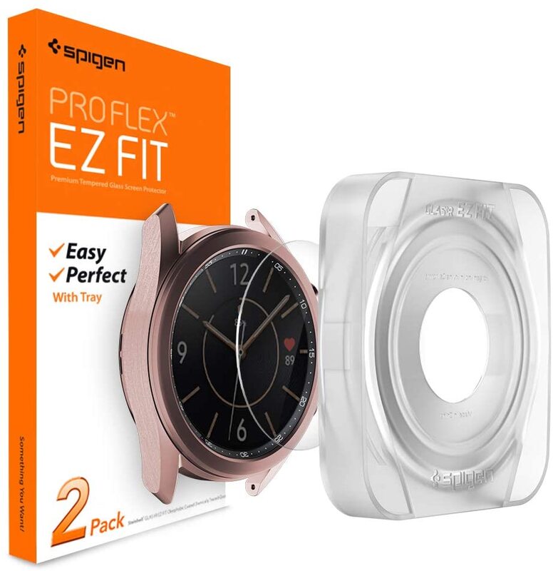 Spigen Samsung Galaxy Watch 3 (41mm) Tempered Glass Screen Protector EZ Fit (2-Pack) with Auto Align technology tray