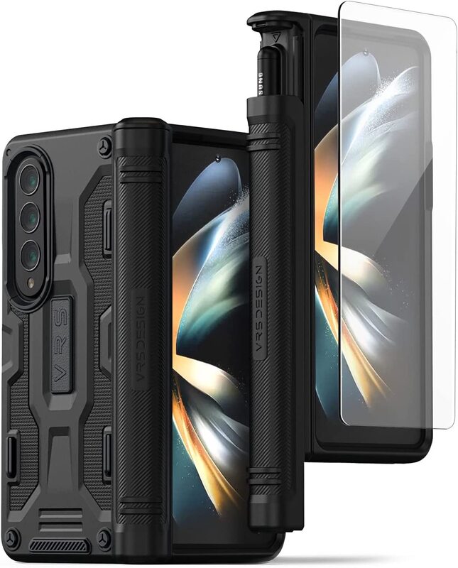 VRS Design Terra Guard Active S (S-Pen Compartment in Hinge Protection) Samsung Galaxy Z Fold 4 Case Cover with Screen Protector - Matte Black (S-Pen NOT included)