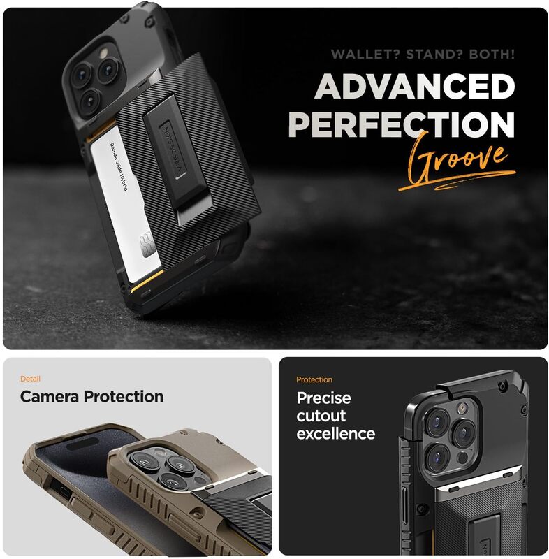 VRS Design Damda Glide Hybrid for iPhone 15 PRO Case Cover Wallet (Semi Automatic) Slider Credit Card Holder Slot (3-4 Cards) and Kickstand - Black Groove
