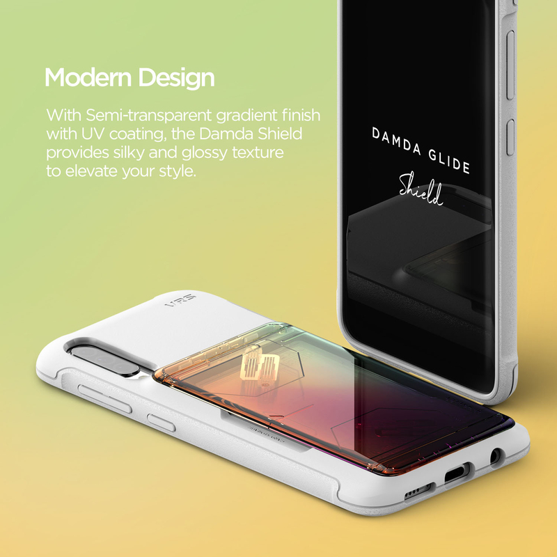 VRS Design Samsung Galaxy A50 Damda Glide Shield Semi Automatic Card Wallet Mobile Phone Case Cover, White/Orange/Purple