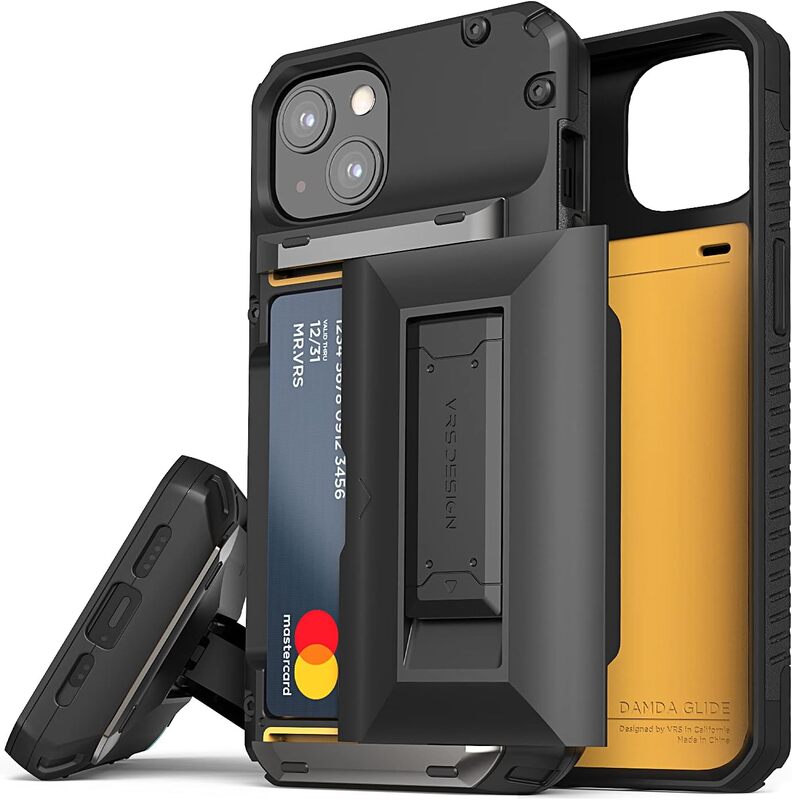 VRS DESIGN Damda Glide Hybrid iPhone 13 Case Cover Wallet (Semi Automatic) slider Credit Card slot (3-4 cards) & Kickstand - Black