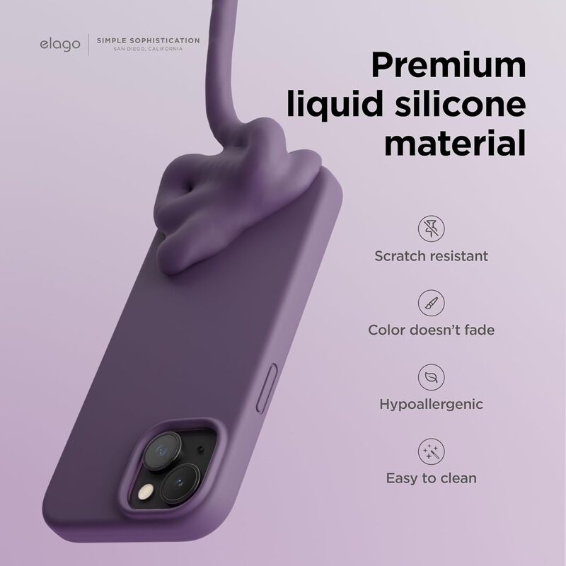 Elago Liquid Silicone for iPhone 15 Case Cover Full Body Protection, Shockproof, Slim, Anti-Scratch Soft Microfiber Lining - Deep Purple