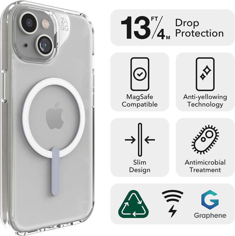 Zagg Crystal Palace Snap for iPhone 13 / iPhone 14 / iPhone 15 Case Cover MagSafe with Graphene Tech 13 Feet Drop Protection - Clear