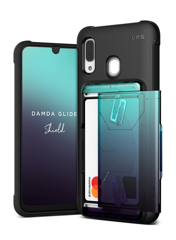VRS Design Samsung Galaxy A30 Damda Glide Shield Semi Automatic Card Wallet Mobile Phone Case Cover, Solid Green/Purple