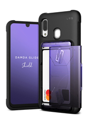 VRS Design Samsung Galaxy A30 Damda Glide Shield Semi Automatic Card Wallet Mobile Phone Case Cover, Solid Purple/Black