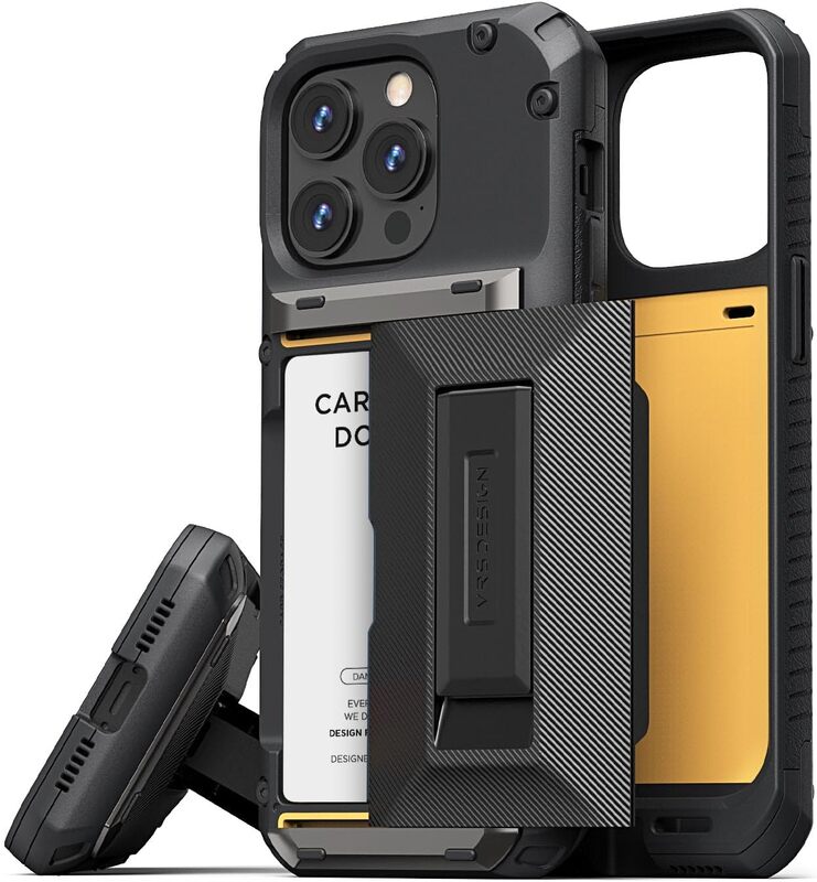 VRS Design Damda Glide Hybrid for iPhone 15 PRO Case Cover Wallet (Semi Automatic) Slider Credit Card Holder Slot (3-4 Cards) and Kickstand - Black Groove