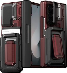 VRS Design D-Wallet Origin for Samsung Galaxy Z Fold 6 case cover (2 cards) & Camera lens Protector Kickstand - Metallic Red