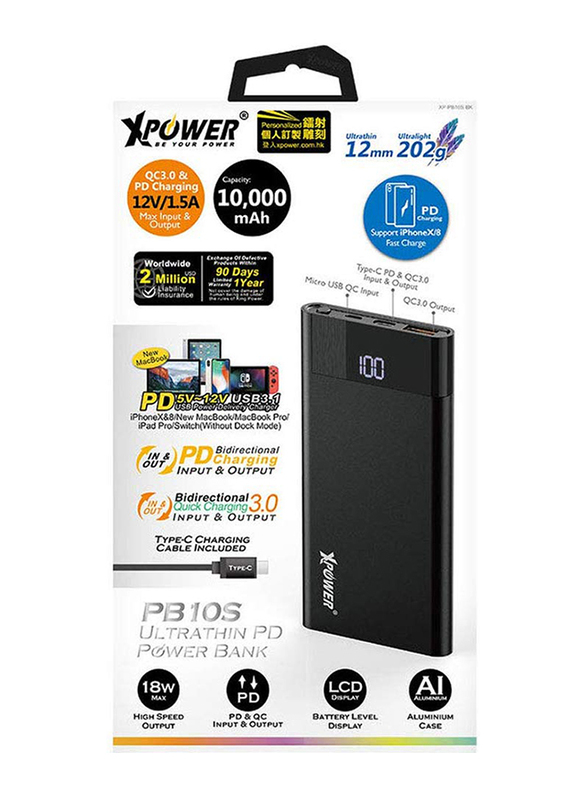 XPower 10000mAh Fast Charging Power Bank, 2 Port PD Portable Charger with Type-C Cable, Black