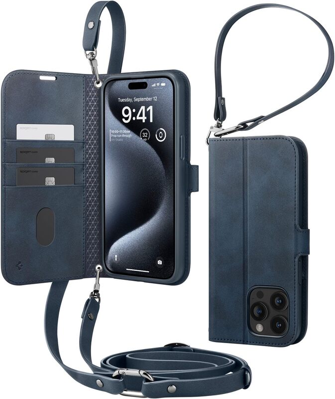 Spigen iPhone 15 Pro Max case cover Wallet S Pro Premium Leather with Wrist Strap/ Body Strap - Navy