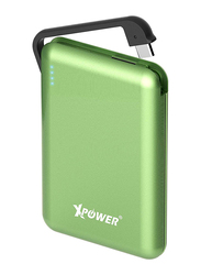 XPower 5000mAh Fast Charging Power Bank, External Battery Pack Portable Charger, Built-in Type C Cable Lightning and Micro USB, Green
