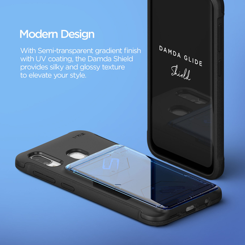 VRS Design Samsung Galaxy A30 Damda Glide Shield Semi Automatic Card Wallet Mobile Phone Case Cover, Solid Blue/Black