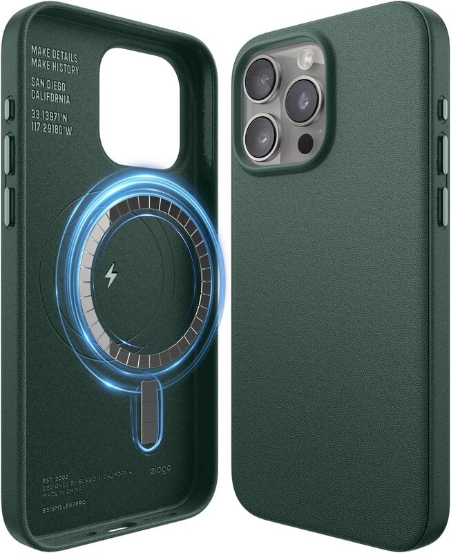 Elago Magnetic Leather Case for iPhone 15 Pro MAX Compatible with MagSafe, Vegan Leather, Shockproof, Water-Resistant - Midnight Green