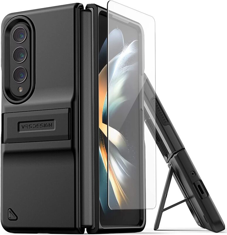 VRS Design Quick Stand Modern for Samsung Galaxy Z Fold 4 Case Cover with Multi Angle Kickstand and Cover Screen Protector- Matte Black