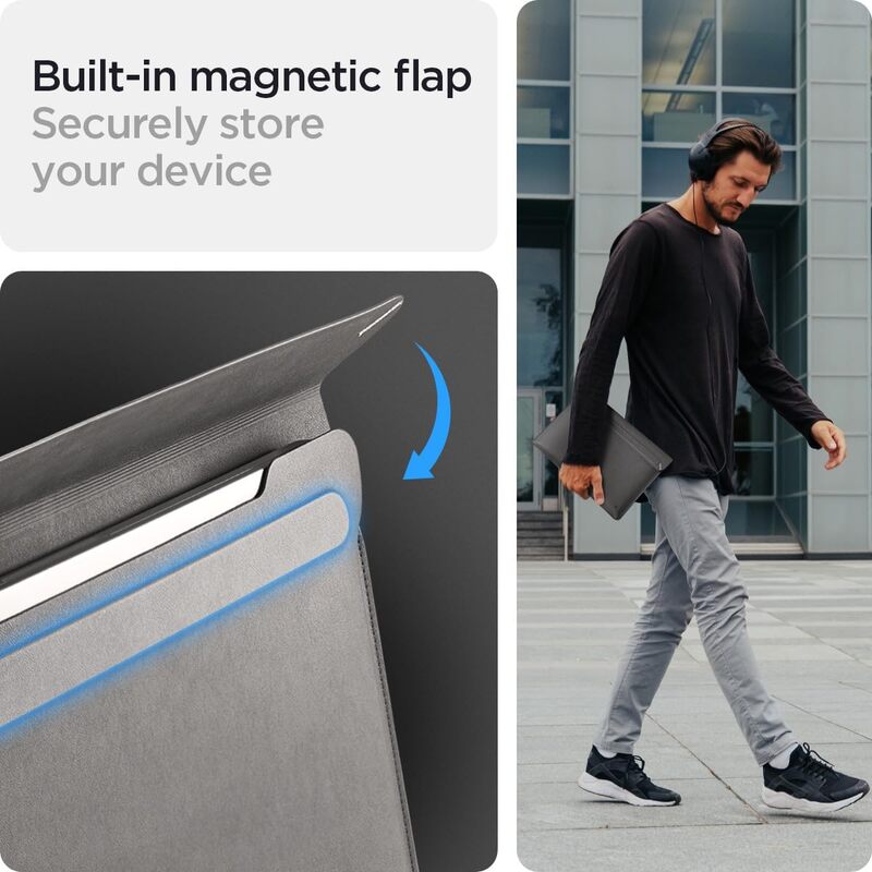 Spigen Laptop Sleeve Valentinus 13 14 inch, compatible with MacBook Pro, Built in Magnetic Flap, Leather Laptop Case, Laptop Pouch Bag - City Gray