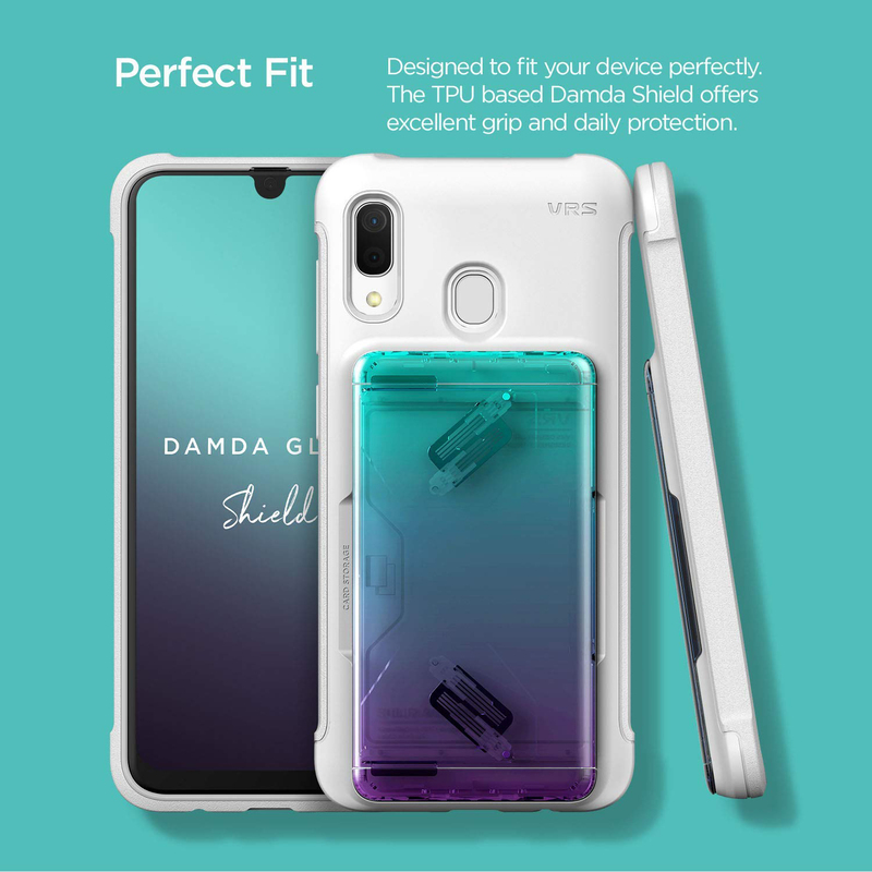 VRS Design Samsung Galaxy A30 Damda Glide Shield Semi Automatic Card Wallet Mobile Phone Case Cover, White/Green/Purple