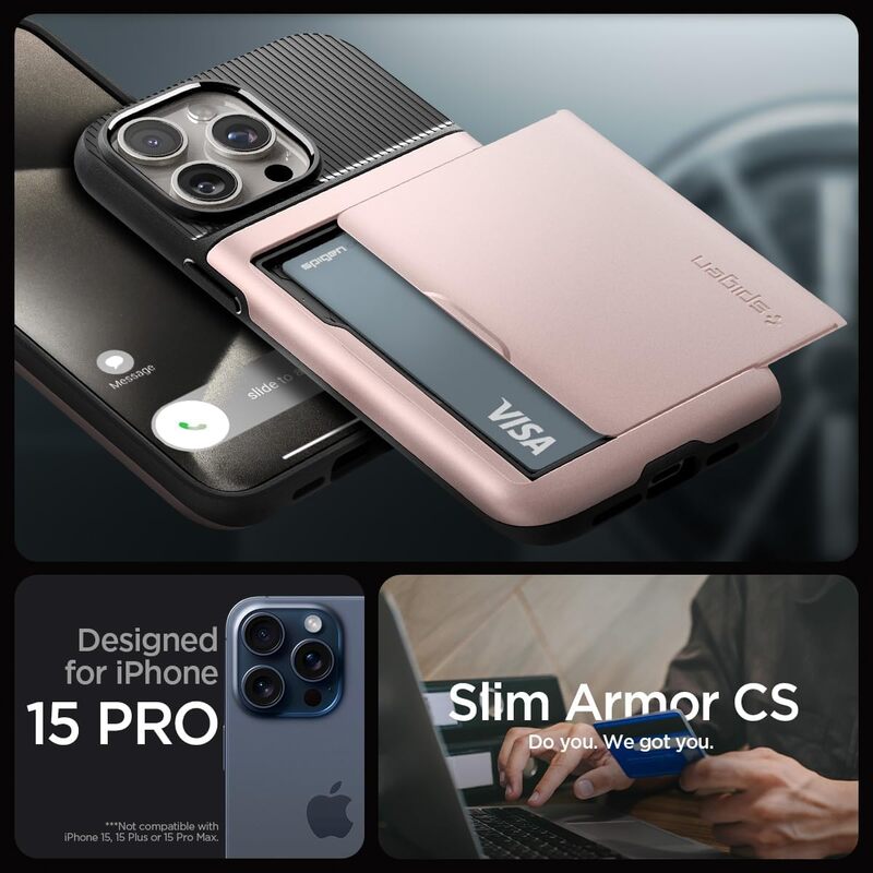 Spigen iPhone 15 Pro case cover Slim Armor CS with Card Holder Slot - Rose Gold