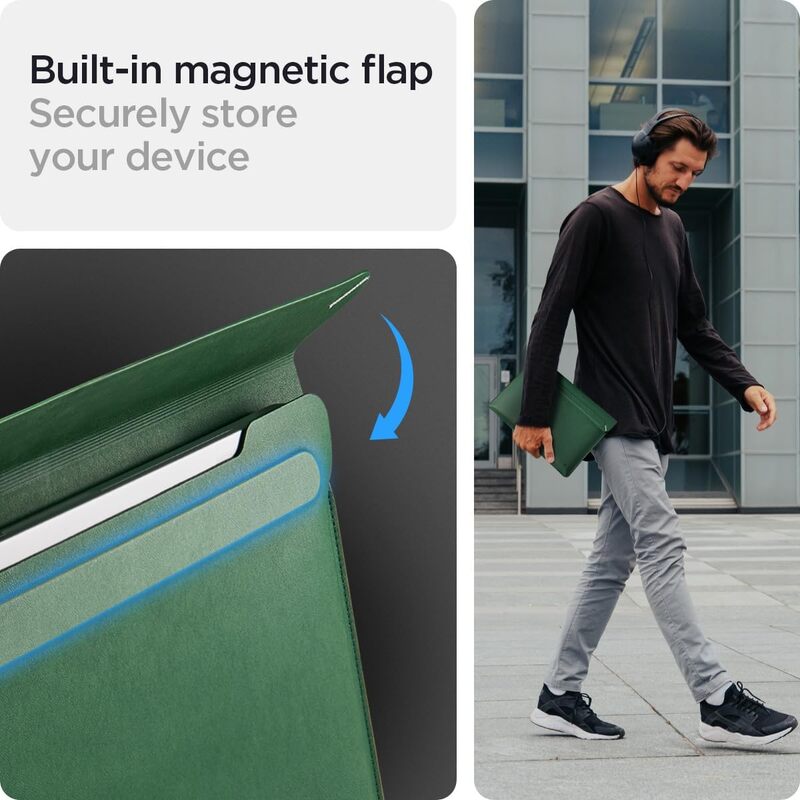 Spigen Laptop Sleeve Valentinus 13 14 inch, compatible with MacBook Pro, Built in Magnetic Flap, Leather Laptop Case, Laptop Pouch Bag - Jeju Green