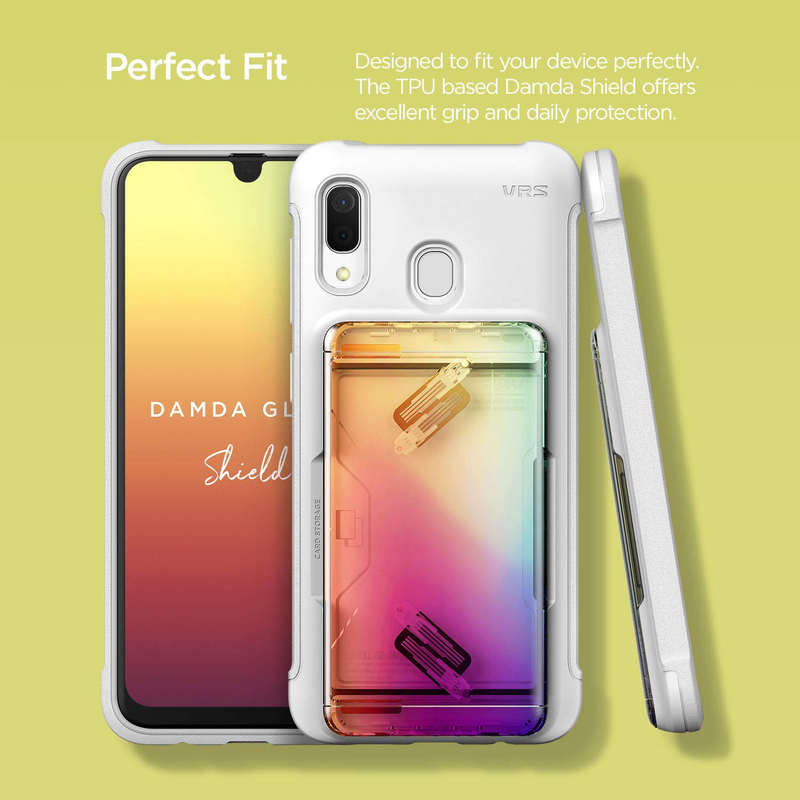 VRS Design Samsung Galaxy A30 Damda Glide Shield Semi Automatic Card Wallet Mobile Phone Case Cover, White/Orange/Purple