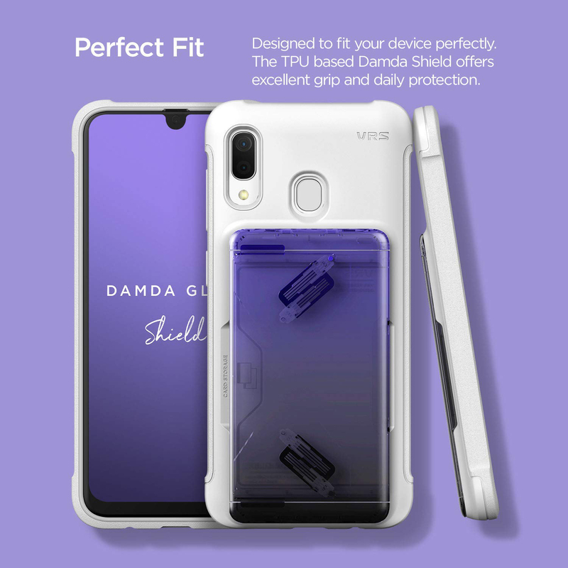 VRS Design Samsung Galaxy A30 Damda Glide Shield Semi Automatic Card Wallet Mobile Phone Case Cover, White/Purple/Black