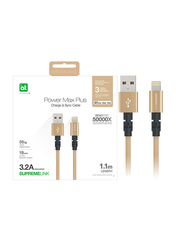 Amazing Thing 1.1-Meter Powermax Plus Lightning Cable, 3.2A USB A to Lightning Cable, MFi Certified, Fast Charge Robust 55kg Resistance 50000 Bend test 19AWG for Apple iPhone/iPad/iPod, Gold