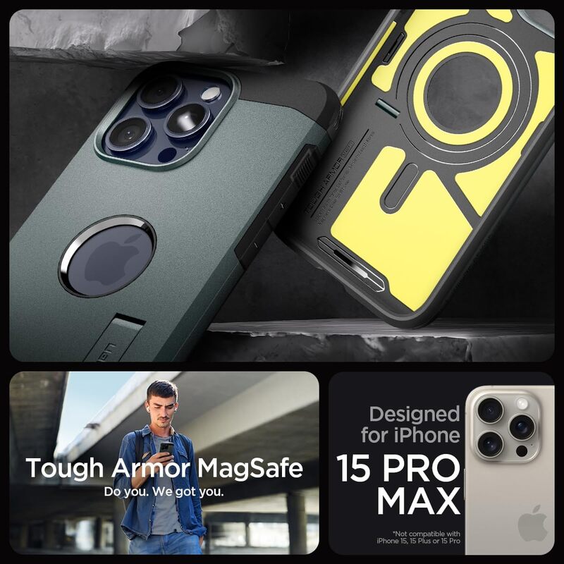 Spigen Tough Armor MagFit for iPhone 15 Pro Max case cover compatible with MagSafe - Abyss Green