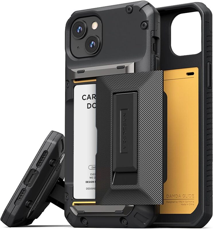 VRS Design Damda Glide Hybrid for iPhone 15 PLUS Case Cover Wallet (Semi Automatic) Slider Credit Card Holder Slot (3-4 Cards) and Kickstand - Black Groove