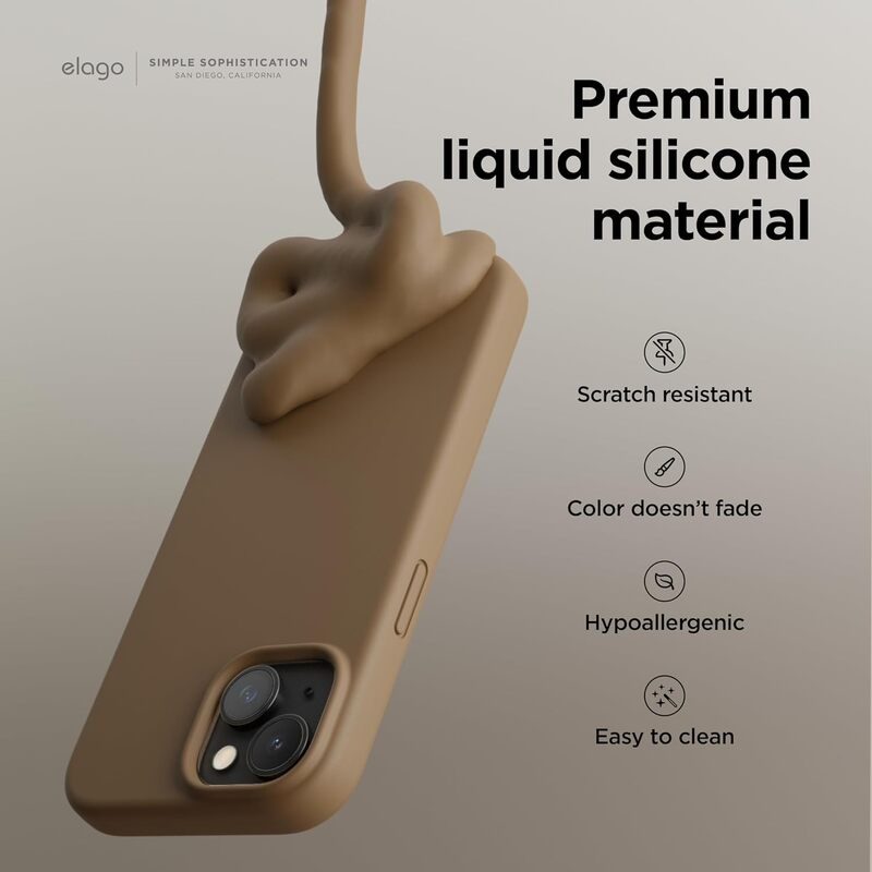 Elago Liquid Silicone for iPhone 15 Case Cover Full Body Protection, Shockproof, Slim, Anti-Scratch Soft Microfiber Lining - Brown