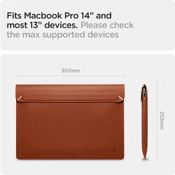 Spigen Laptop Sleeve Valentinus S 13 14 inch, compatible with MacBook Pro, Built in Magnetic Flap with (Foldable Stand) Leather Laptop Case, Laptop Pouch Bag - Classic Brown